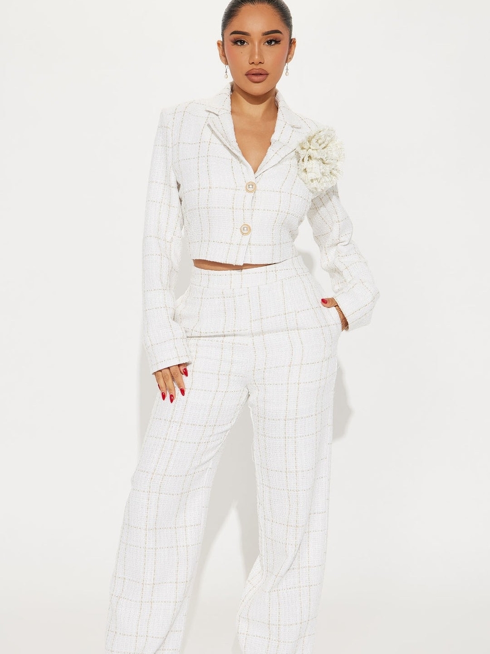 Fashion Nova White Tweed Wide-Leg Pant Set